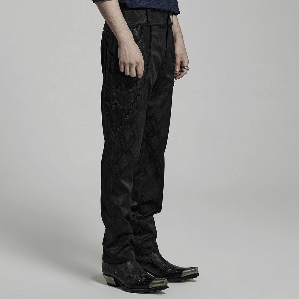 Men's black jacquard pants featuring elegant lace trim, embodying gothic style and sophisticated design.