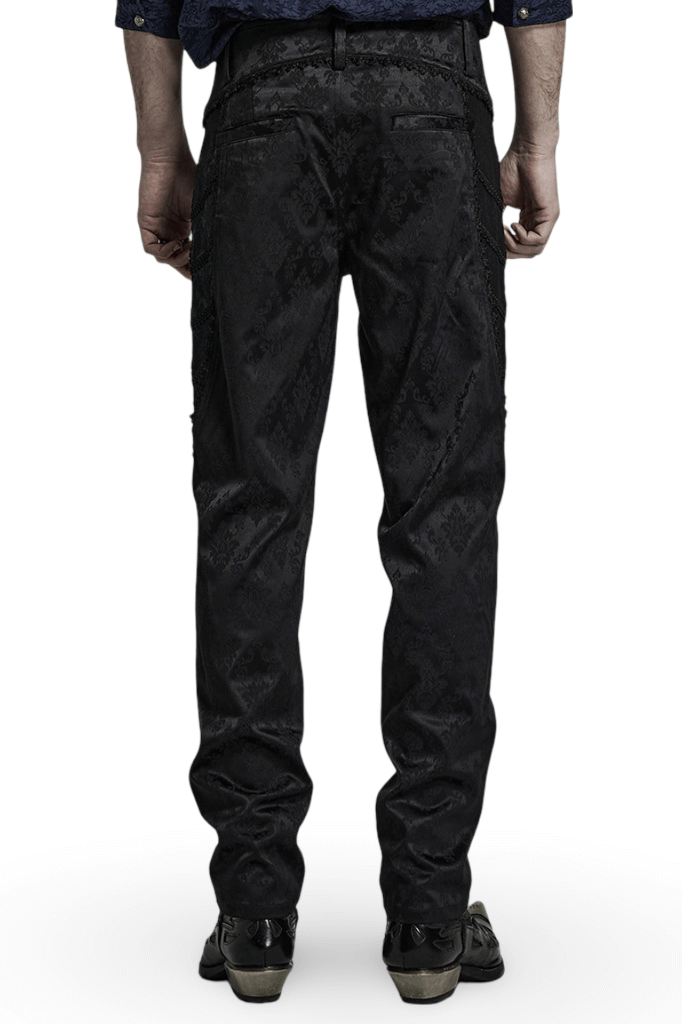 Men's black jacquard trousers with lace trim in gothic style, showcasing a unique and elegant design.