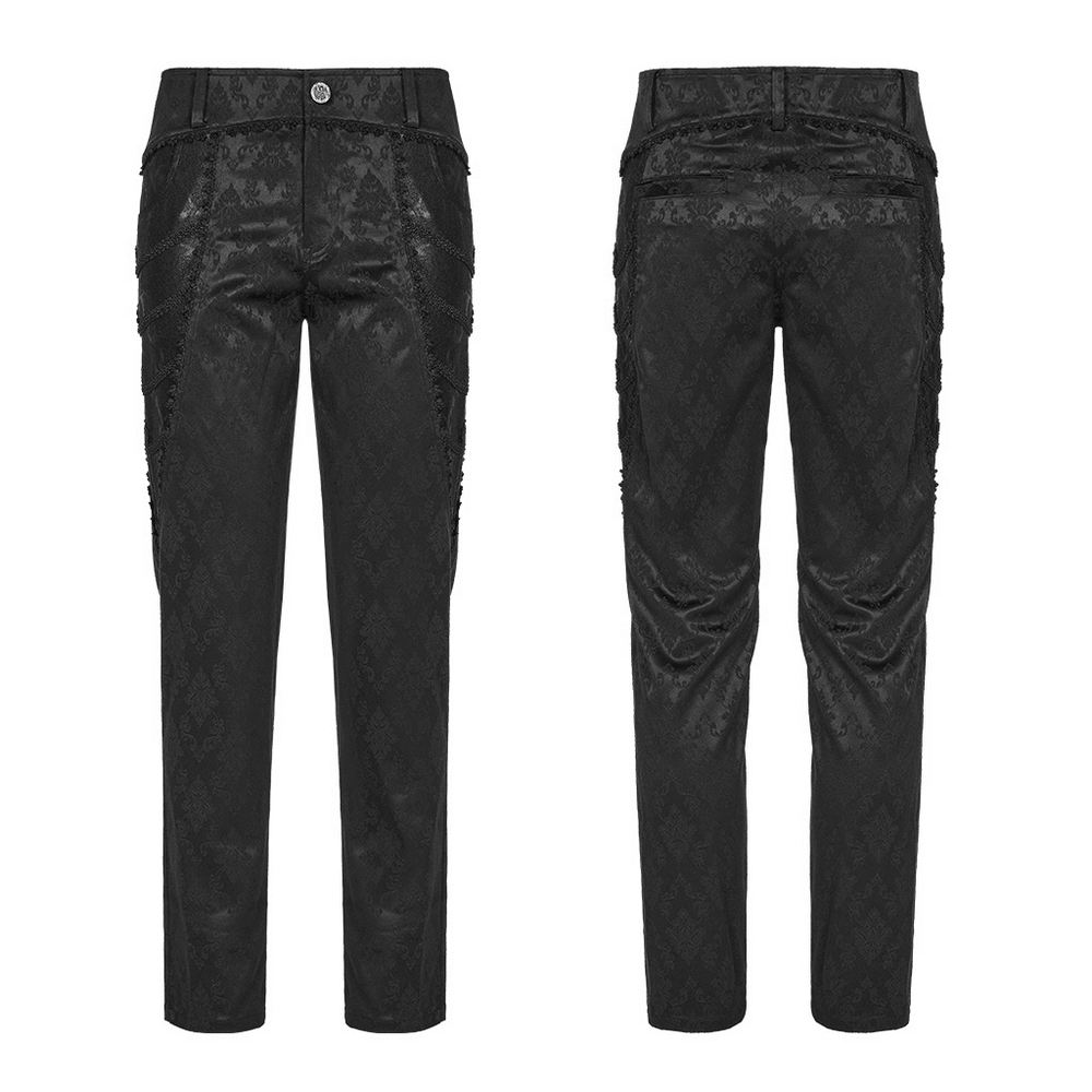 Men's black jacquard designer pants with lace trim, showcasing gothic style and luxurious elegance.