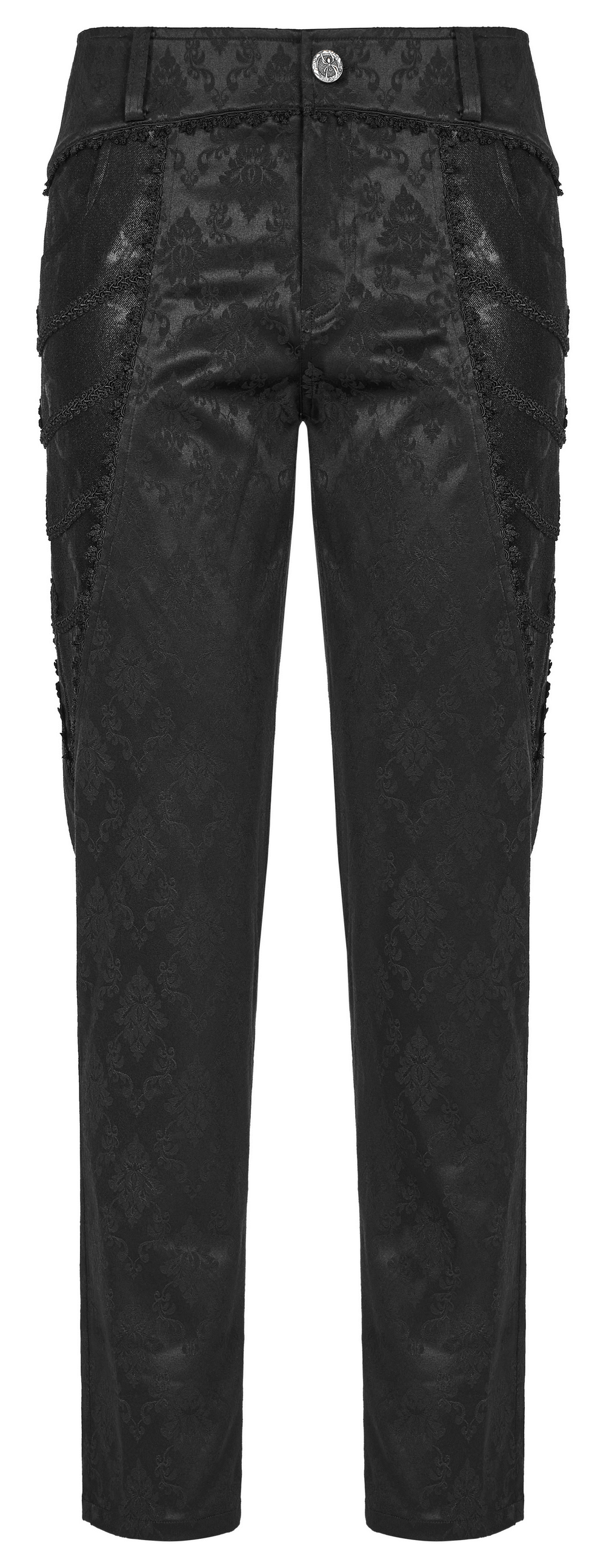 Men's black jacquard trousers with elegant lace trim, showcasing gothic style and a refined fit.