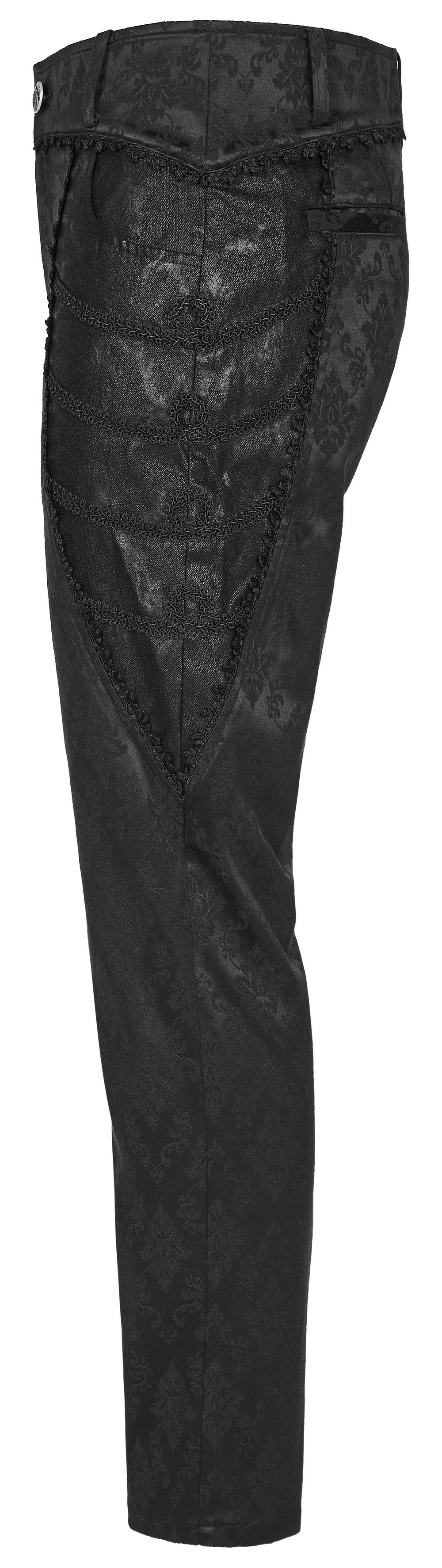 Men's black jacquard designer pants with elegant lace trim, perfect for a gothic style.