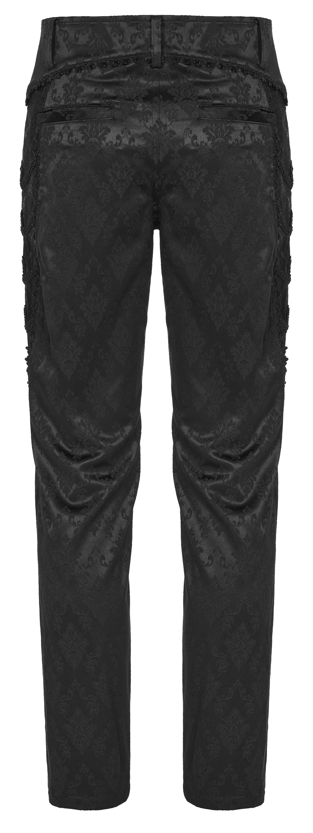 Men's black jacquard lace-trim designer pants, featuring gothic style and elegant lace detailing for a sophisticated look.