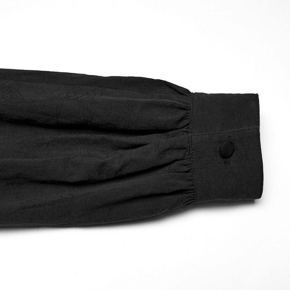 Men's Black Jacquard Long-Sleeved Shirt in Gothic Style close-up of sleeve detailing and button.