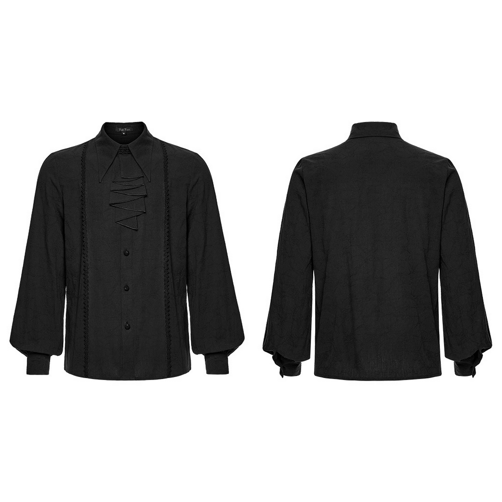 Men's Black Jacquard Long-Sleeved Shirt in Gothic Style, featuring rose-patterned dark cotton and lace webbing.