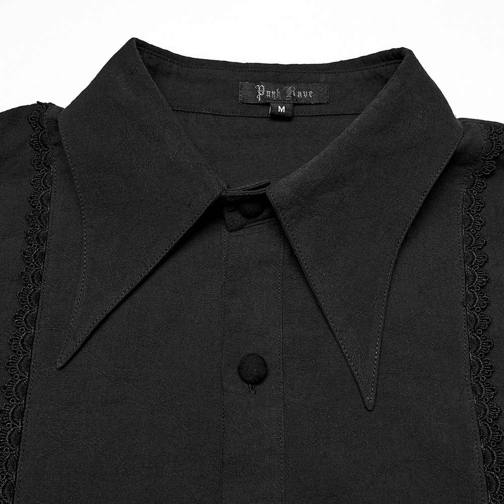 Men's Black Jacquard Long-Sleeved Shirt in Gothic Style collar detail with lace webbing and button placket