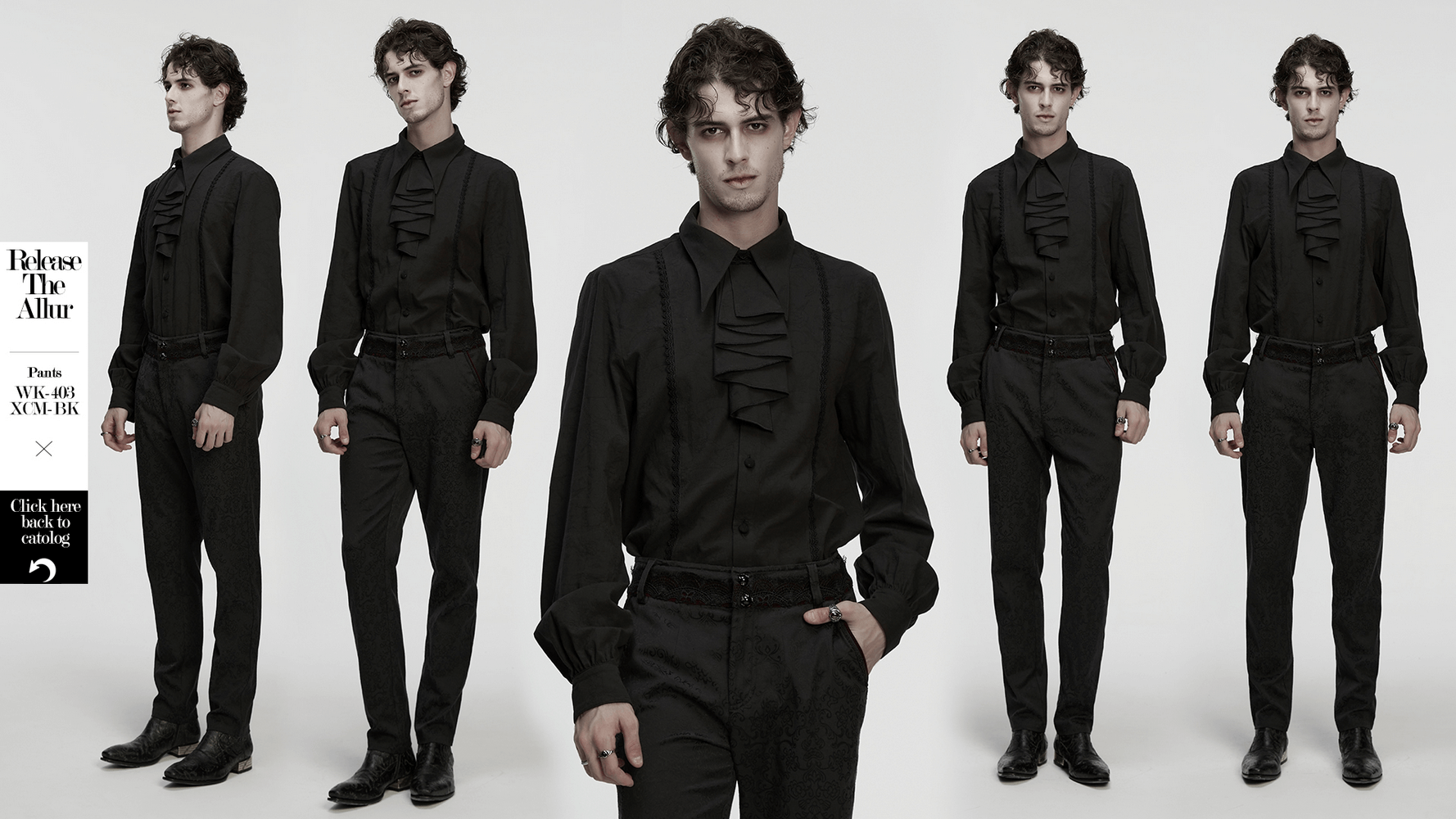 Men's Black Jacquard Long-Sleeved Shirt in Gothic Style showcased on a model, featuring lace and detachable collar.