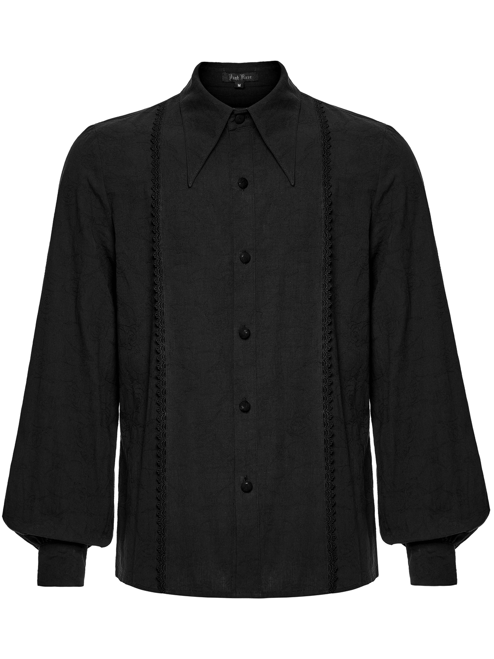 Men's Black Jacquard Long-Sleeved Shirt in Gothic Style with lace detailing and a stylish collar.
