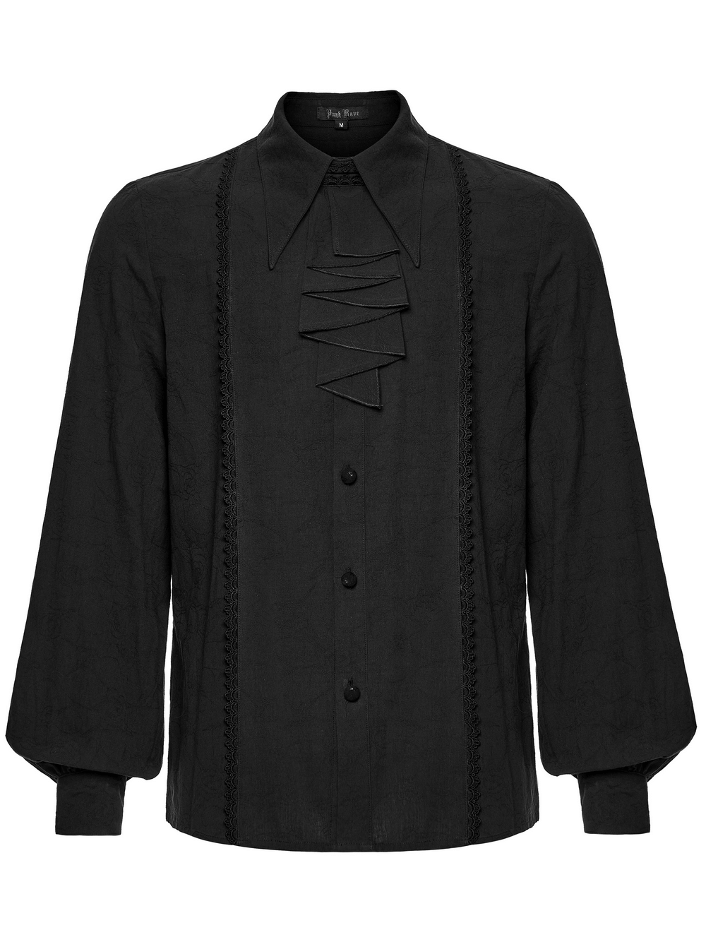 Men's Black Jacquard Long-Sleeved Shirt in Gothic Style featuring lace webbing and handmade buttons.