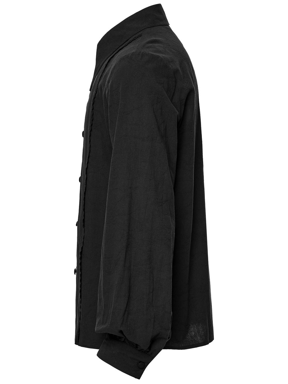 Men's Black Jacquard Long-Sleeved Shirt in Gothic Style showcasing side view with lace webbing and handmade buttons.