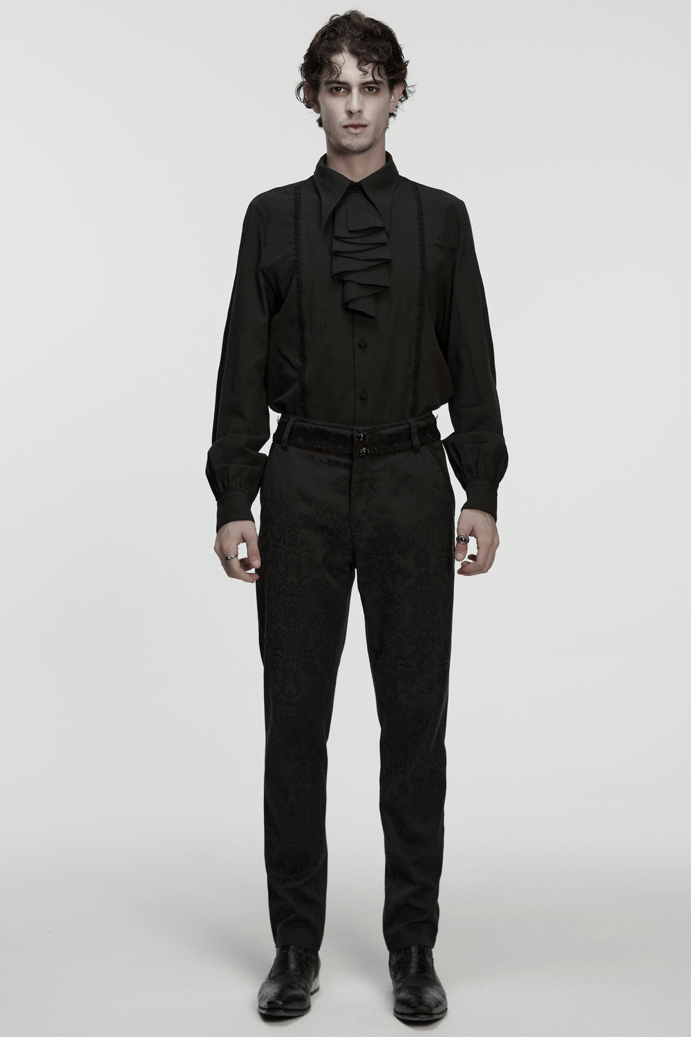 Men's Black Jacquard Long-Sleeved Shirt in Gothic Style worn by model with refined details and elegant design.