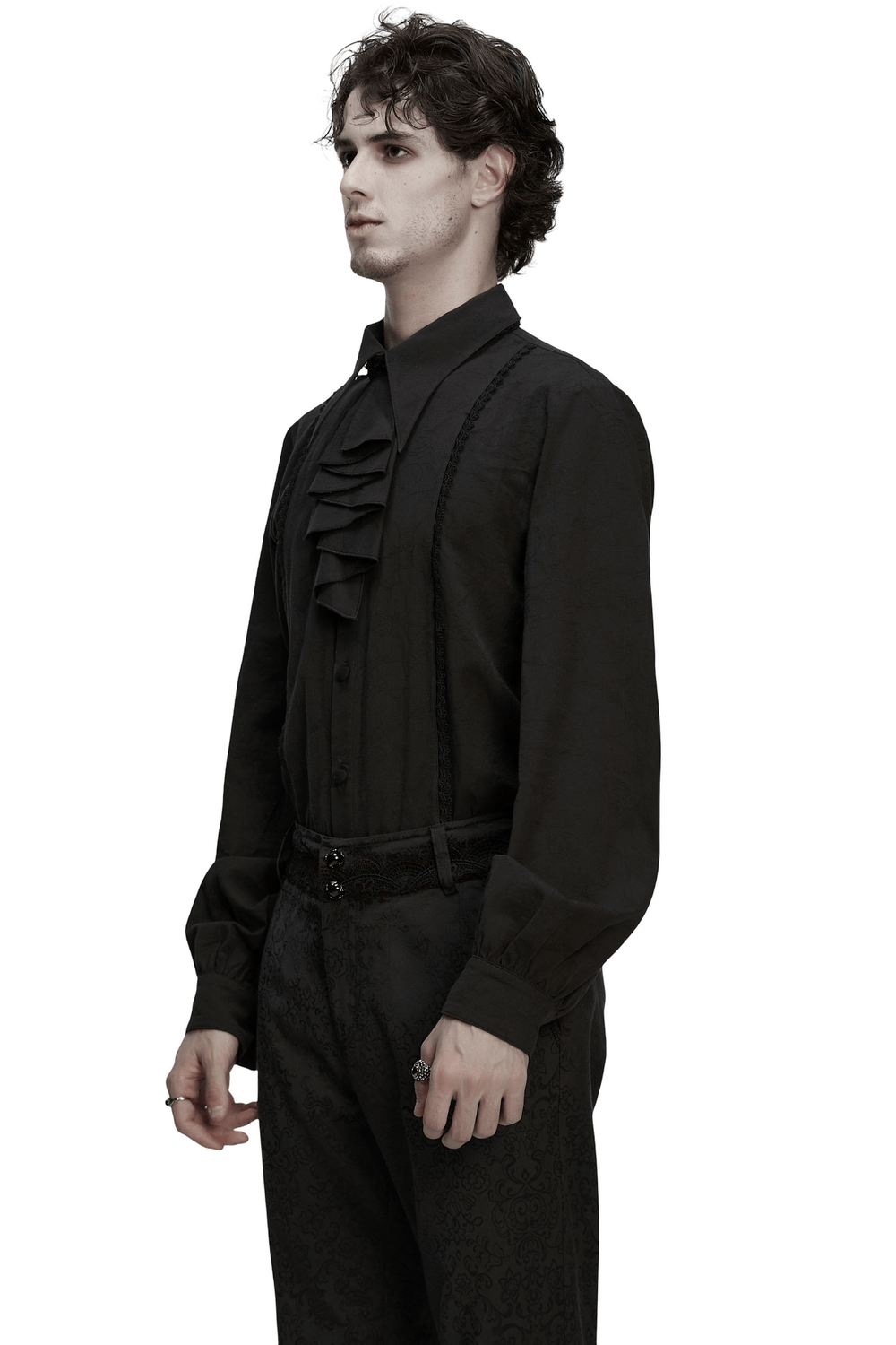 Men's Black Jacquard Long-Sleeved Shirt in Gothic Style, featuring lace and ruffles for a dark wear look.