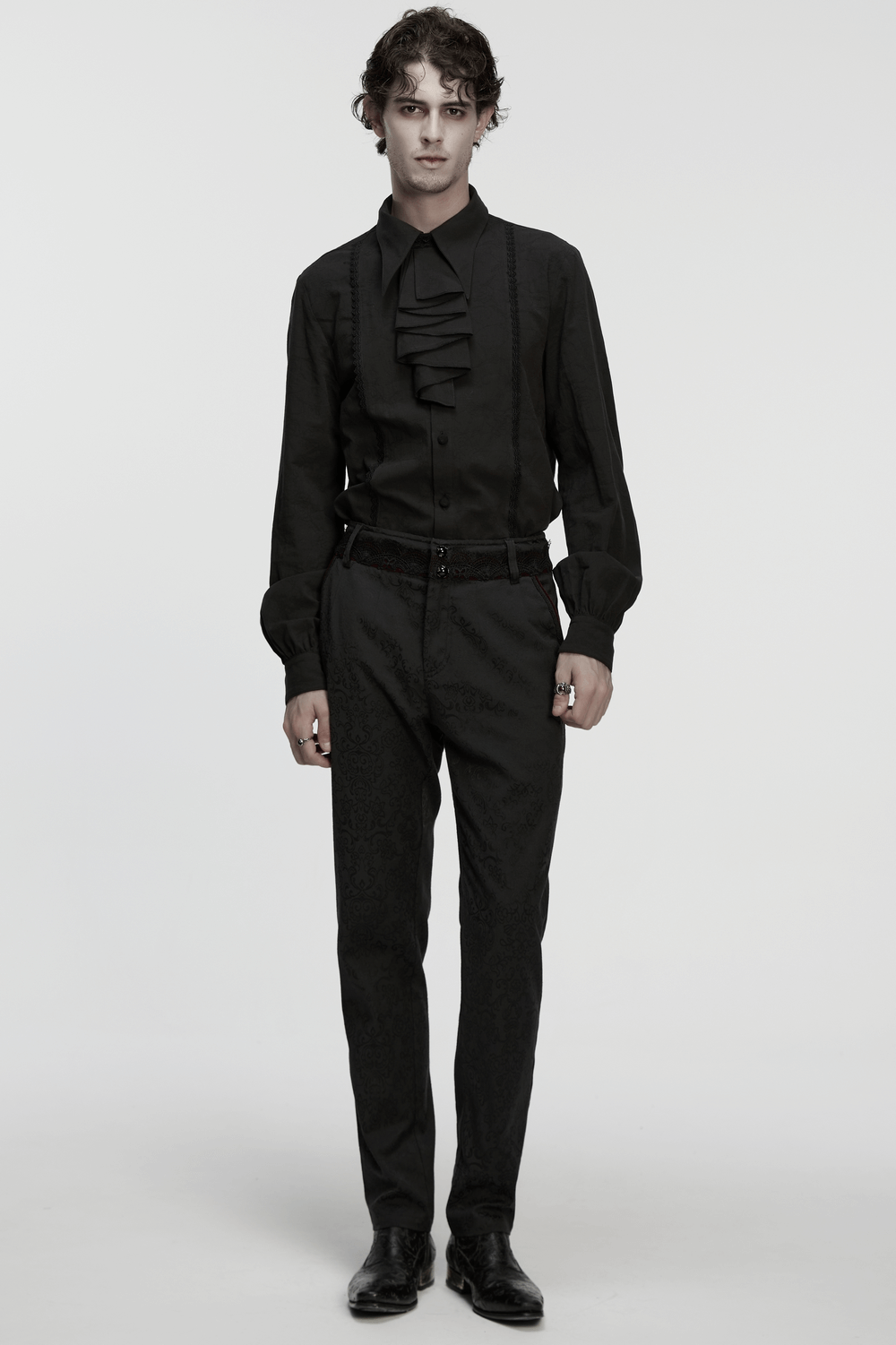 Men's Black Jacquard Long-Sleeved Shirt in Gothic Style, featuring ruffled detailing and dark elegant design.