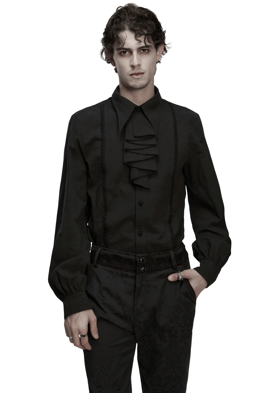 Men's Black Jacquard Long-Sleeved Shirt in Gothic Style, featuring lace webbing and a layered-look collar.