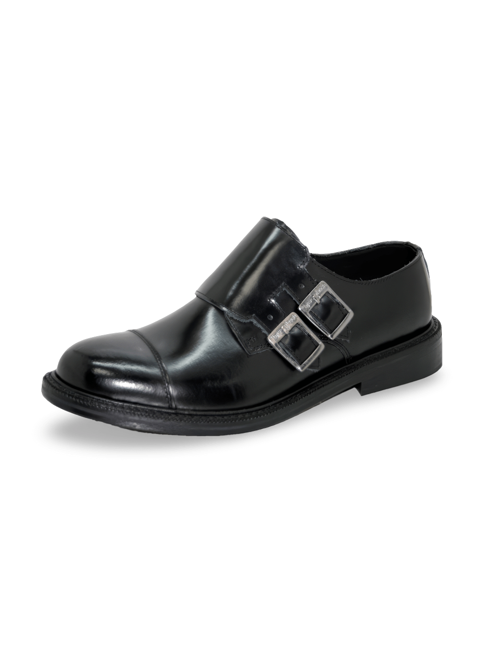 Men's Black Leather Monk Shoes with Buckle Closure