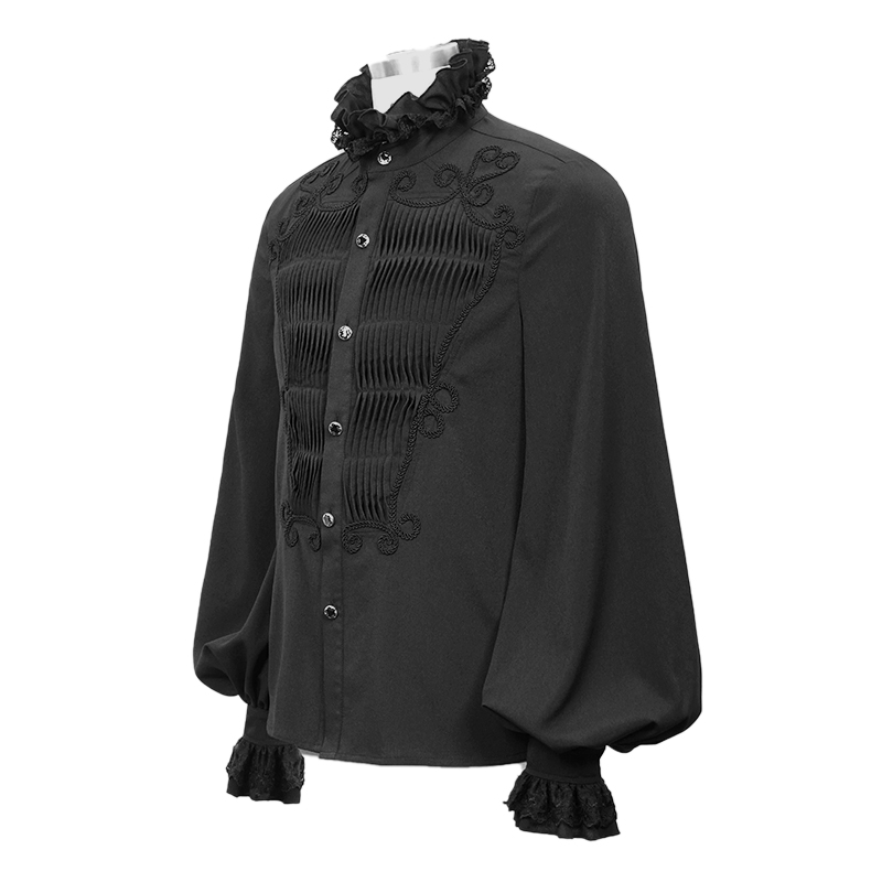 Men's black gothic long sleeve shirt with lace details on collar and cuffs, perfect for vintage style enthusiasts.
