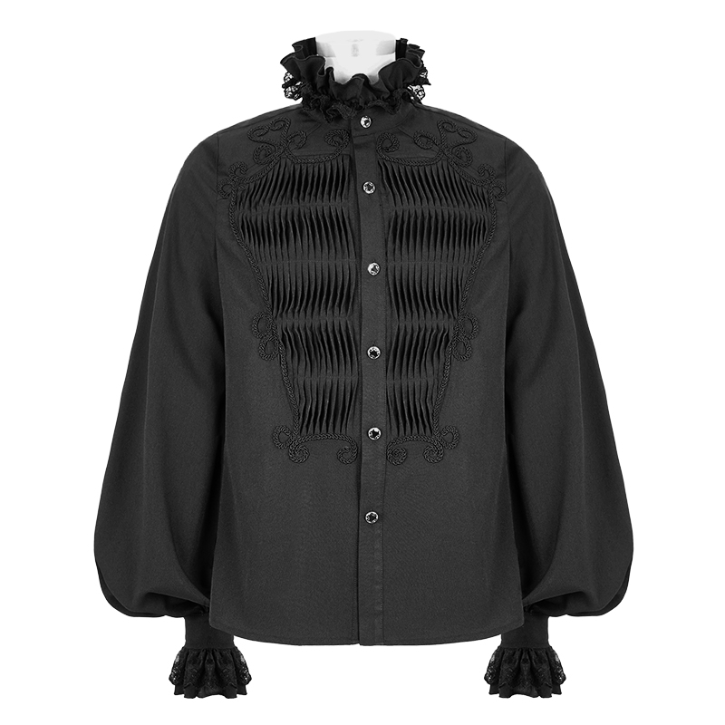 Men's black gothic long sleeve shirt with lace details on collar and cuffs, perfect for a vintage stylish look.