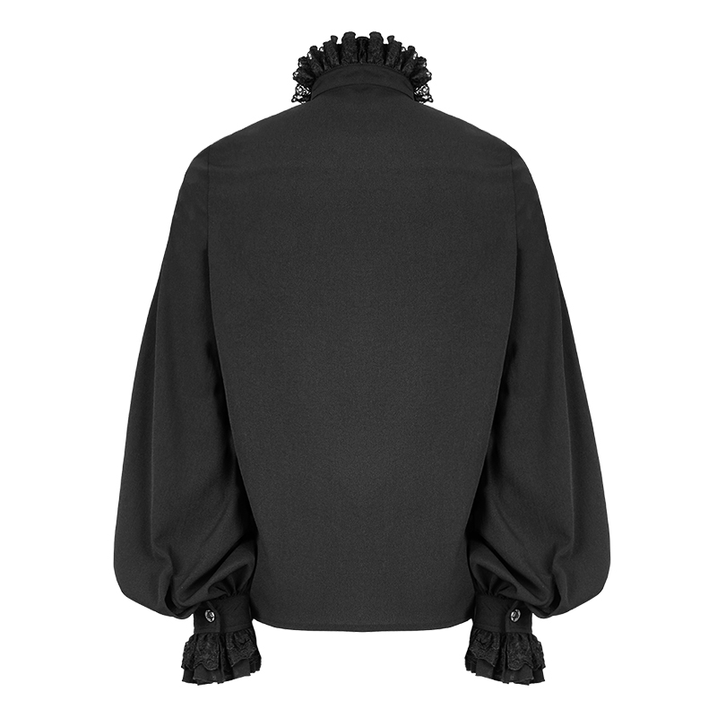 Back view of men's black gothic style shirt featuring lace collar and cuffs for a vintage look.