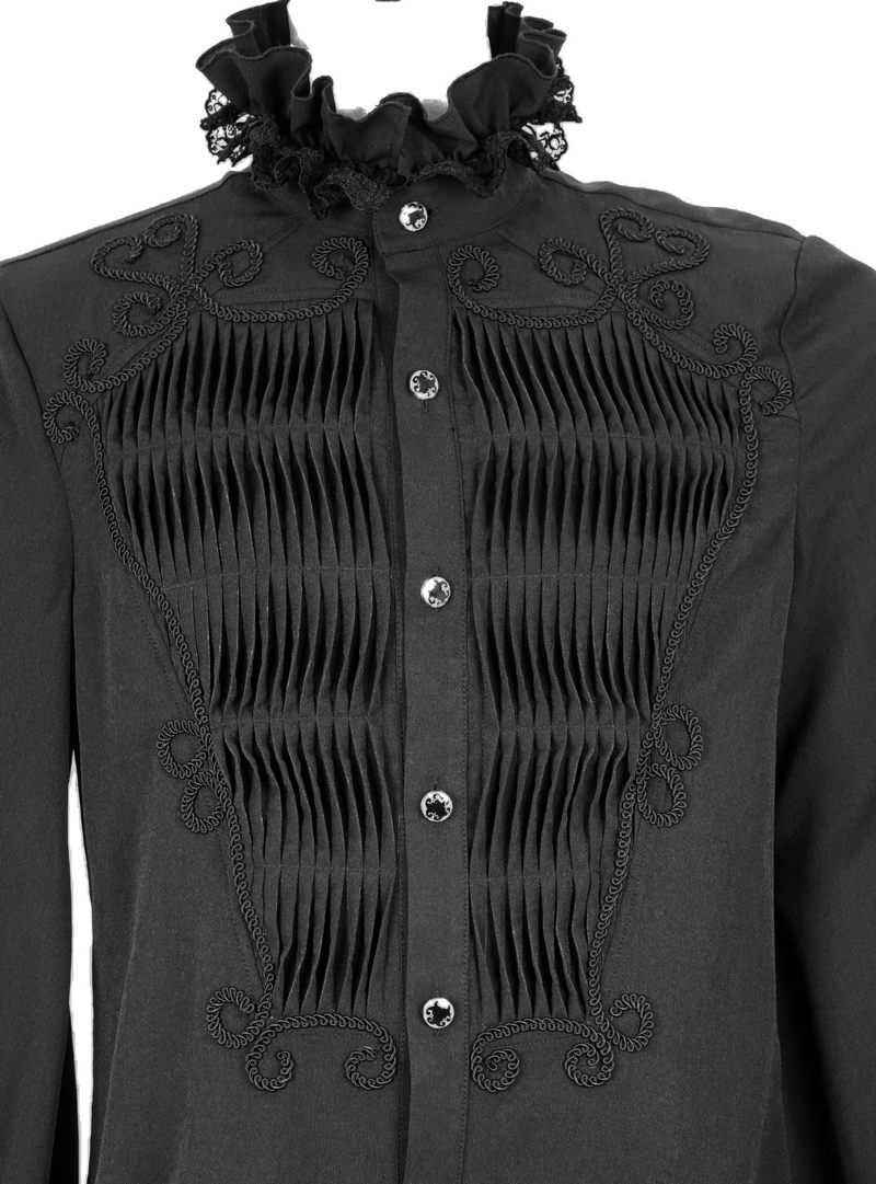 Men's black gothic shirt featuring elegant lace collar and intricate pleating details.
