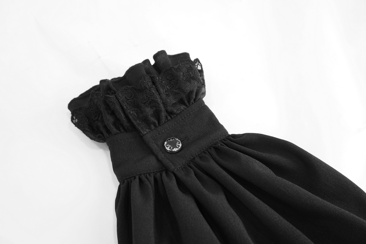 Close-up of a black vintage gothic shirt collar with lace detailing and button, adding elegance to your unique style.