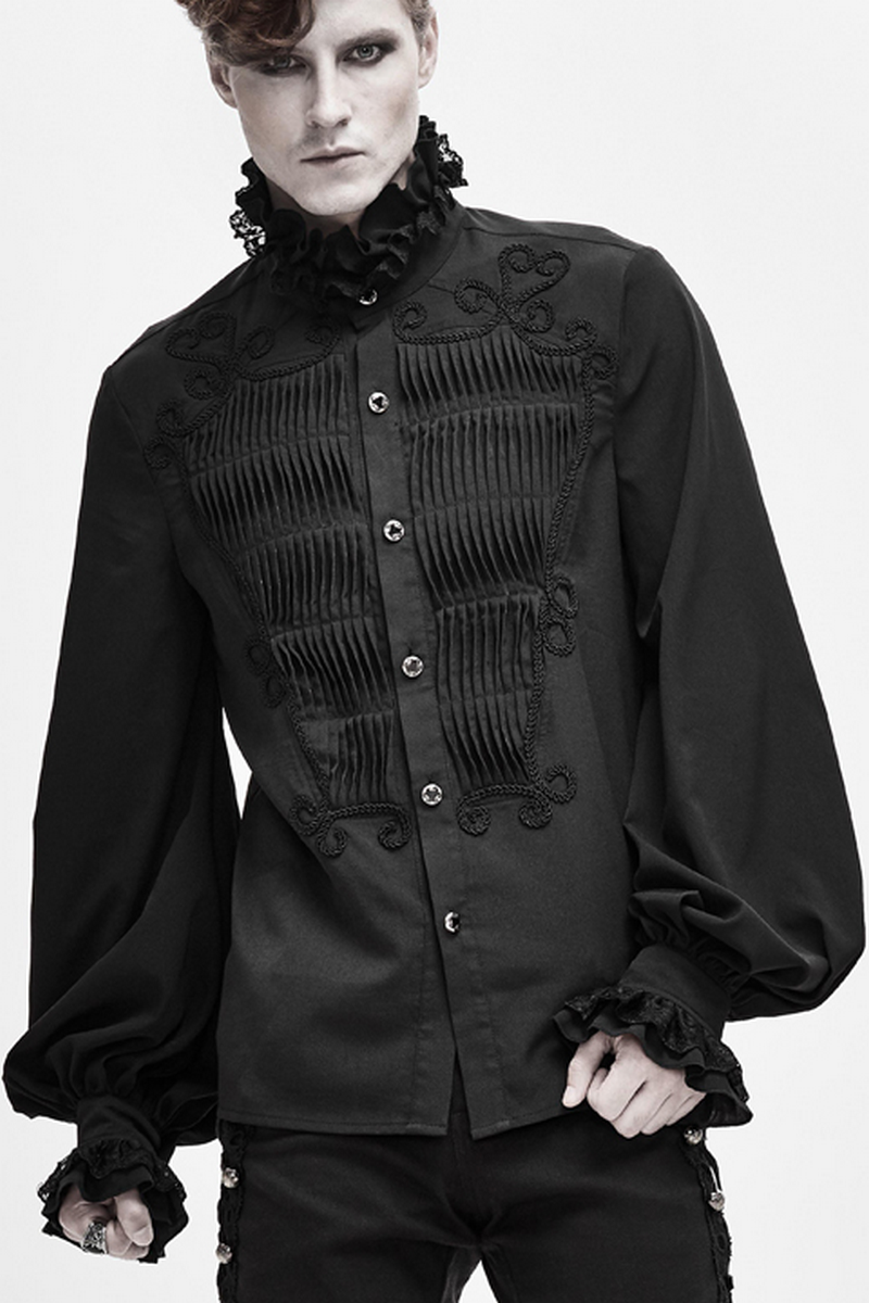 Men's black vintage gothic shirt with lace collar and cuffs, featuring elegant button details and stylish design.