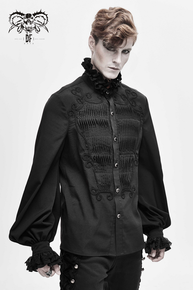 Men's black gothic long sleeve shirt with lace collar and cuffs, adding vintage elegance to your wardrobe.