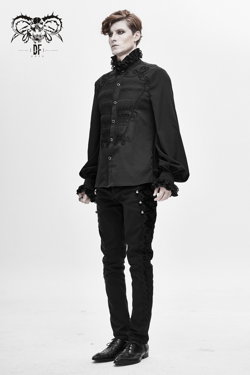 Men's black gothic long sleeve shirt with lace details, stylish vintage attire for the modern gothic wardrobe.