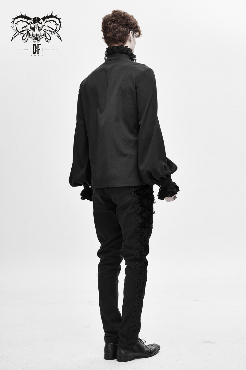 Men's black gothic long sleeve shirt with lace cuffs and collar, showcasing vintage style and elegance from the back.