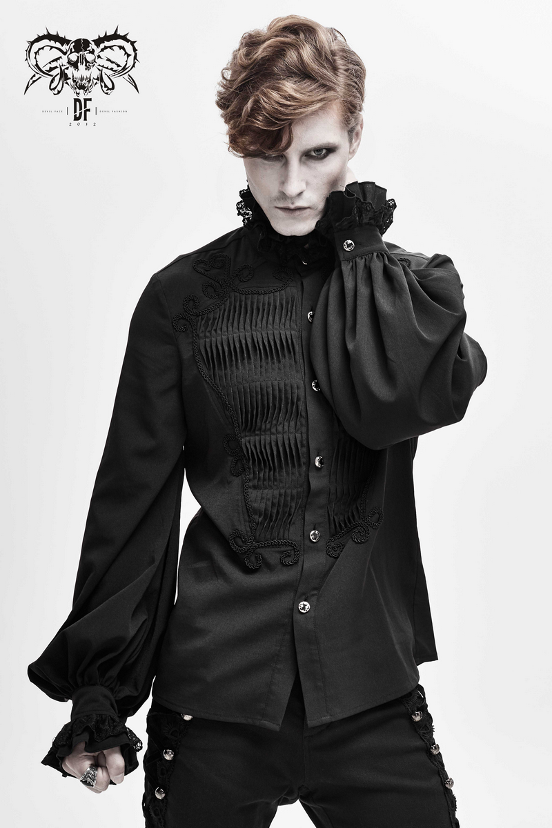Black gothic style long sleeve shirt with lace collar and cuffs, perfect vintage men's fashion piece.