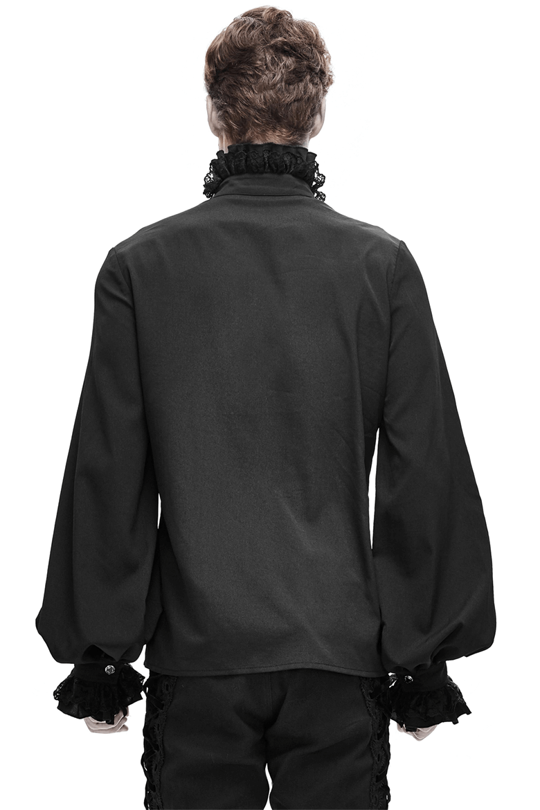 Back view of a men's black gothic vintage shirt featuring lace on collar and cuffs, stylish and elegant for any wardrobe.