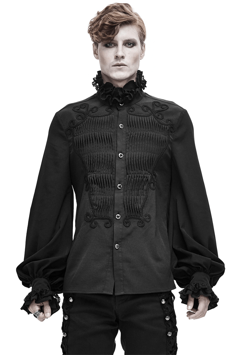 Men's black gothic vintage shirt with lace collar and cuffs, perfect for a stylish gothic wardrobe.