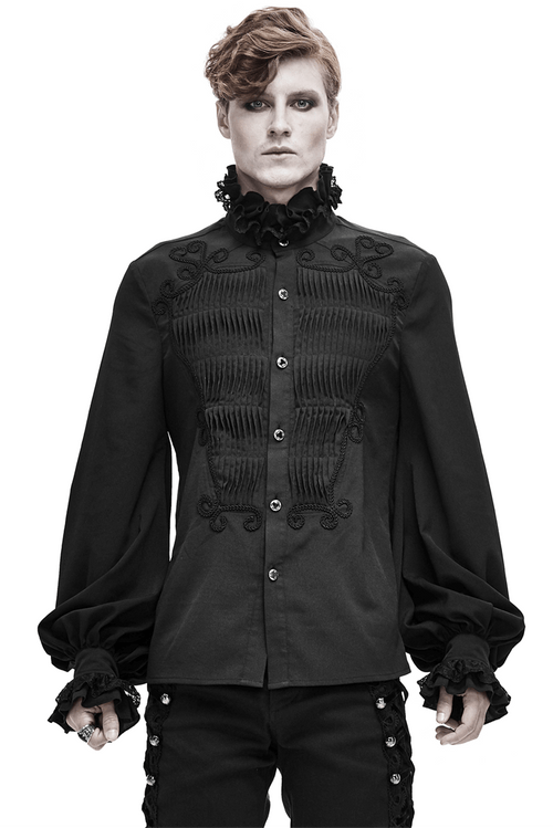 Schwarzes Herren-Langarmhemd im Gothic-Stil / Vintage-Männerhemd mit Spitze am Kragen und an den Manschetten