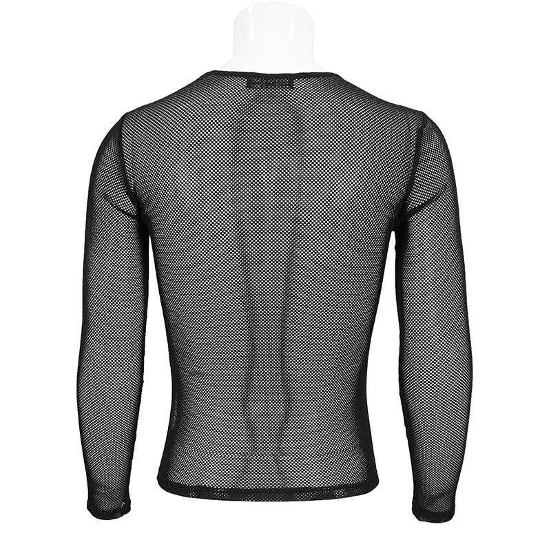 Men's black long-sleeved sheer diamond mesh top showcasing a stylish gothic design on a mannequin.