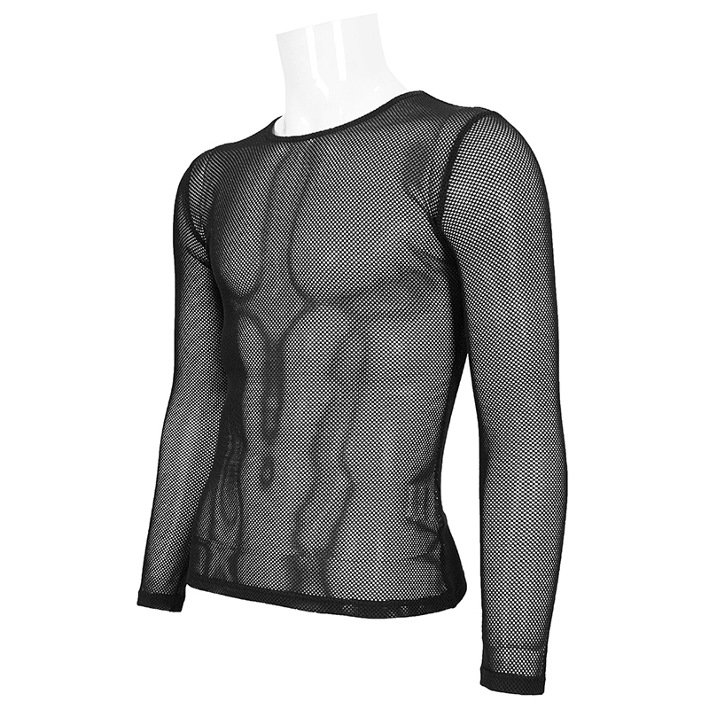 Men's black long-sleeved sheer mesh top in gothic style, featuring hexagonal diamond design for a fashionable look.