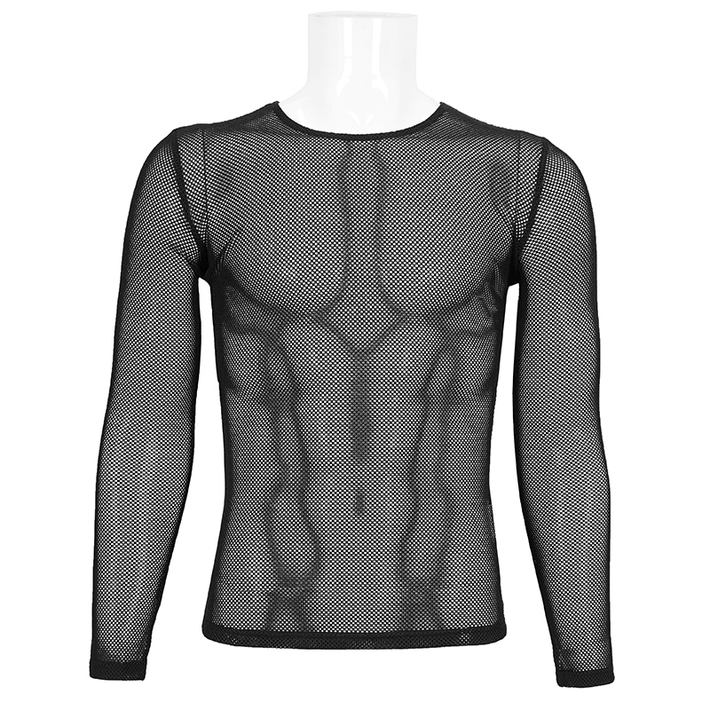 Men's black long-sleeved sheer mesh top with hexagonal diamond pattern, perfect for gothic style fashion.