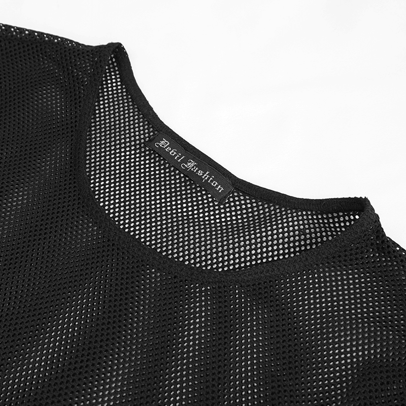 Close-up of a men's black long-sleeved sheer mesh top showing intricate hexagonal diamond pattern and label.