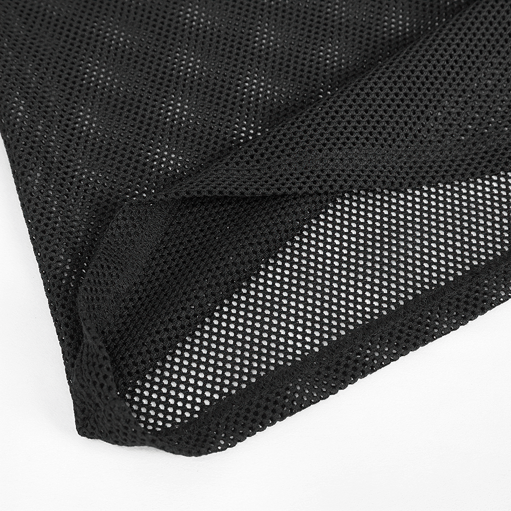 Close-up of black mesh fabric showcasing hexagonal diamond pattern for men's gothic style long-sleeved top.