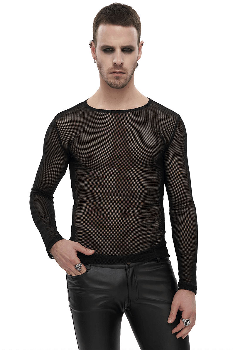 Men's black long-sleeved sheer hexagonal diamond mesh top, gothic style, perfect for fashion-forward looks.