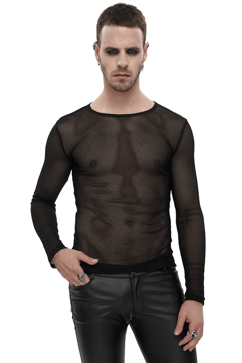Haut noir en maille hexagonale transparente à manches longues pour hommes / Vêtements de style gothique