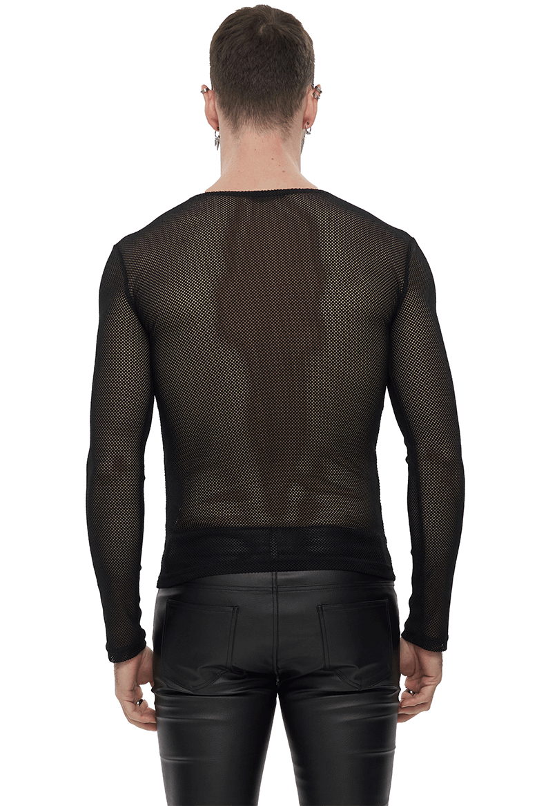 Men's Black Long-sleeved Sheer Hexagonal Diamond Mesh Top / Gothic Style Clothing - HARD'N'HEAVY