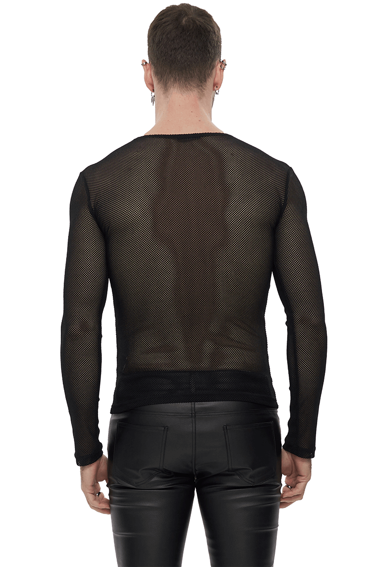 Men's black long-sleeved sheer mesh top in gothic style, showcasing a stylish back view.