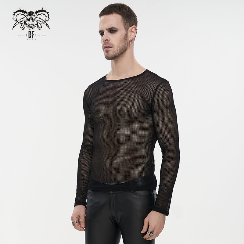 Men's black long-sleeved sheer mesh top in gothic style, showcasing stylish and comfortable design.
