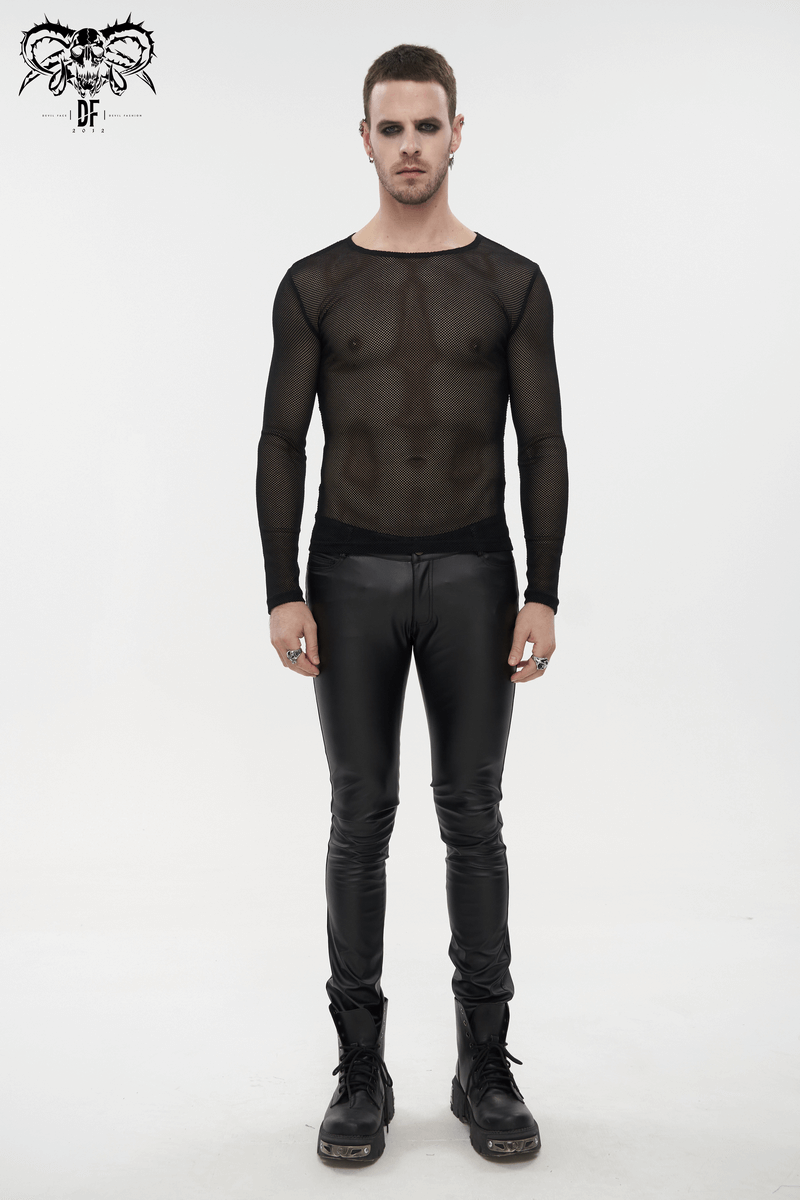 Men's black long-sleeved sheer mesh top paired with fitted black pants for a striking gothic look.