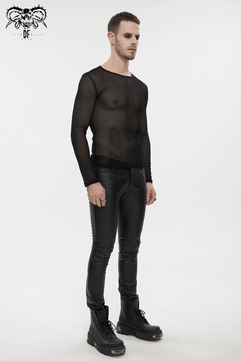 Men's black long-sleeved sheer mesh top paired with stylish black pants, perfect for gothic fashion lovers.