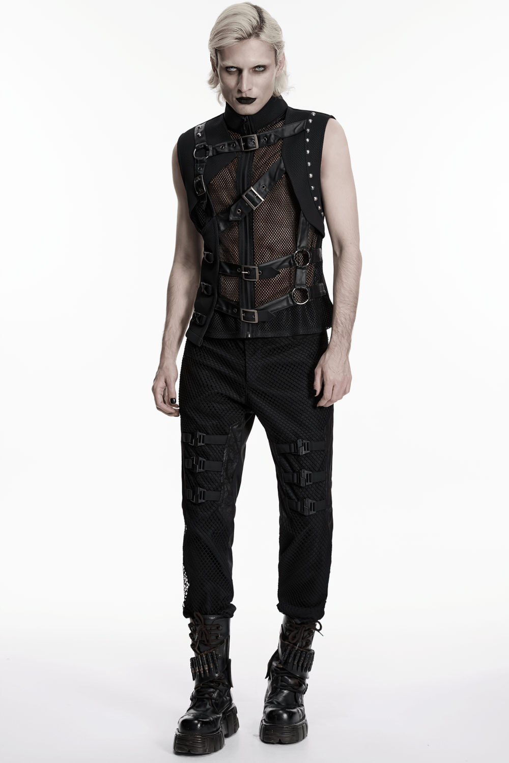 Men's Black Mesh Punk Vest with Buckle Straps