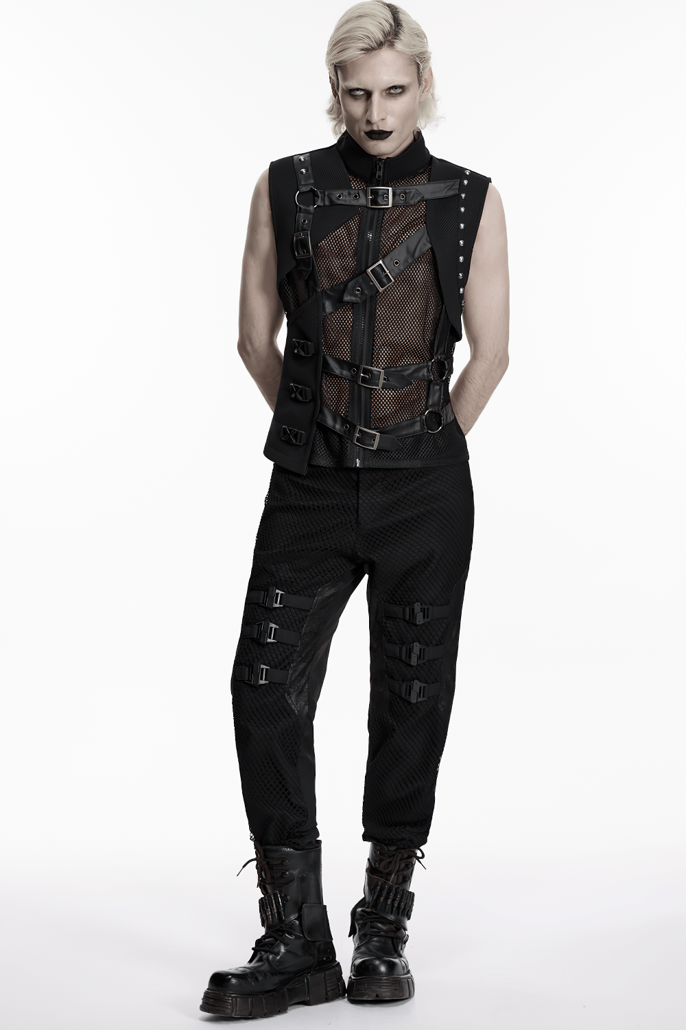 Men's Black Mesh Punk Vest with Buckle Straps