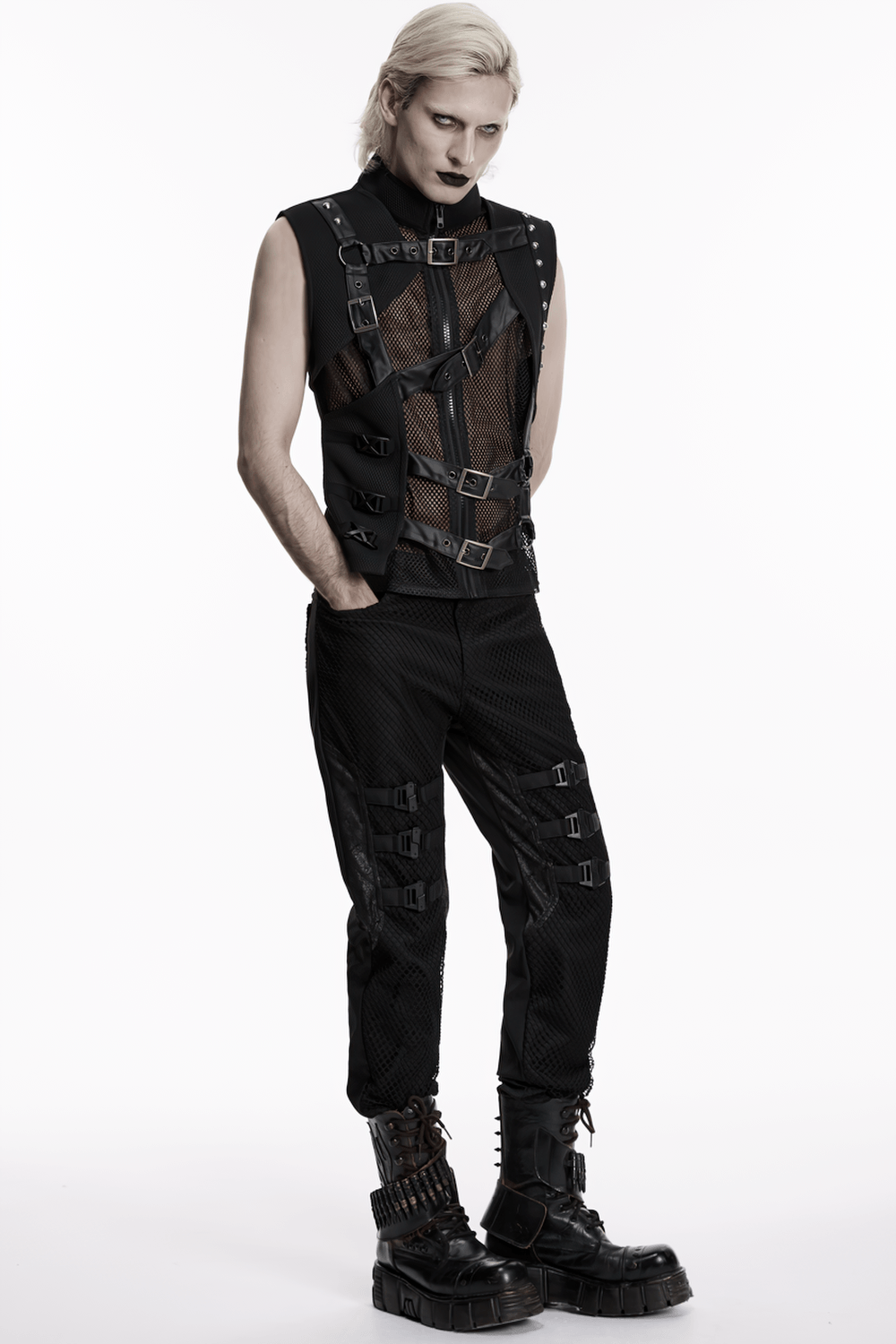 Men's Black Mesh Punk Vest with Buckle Straps