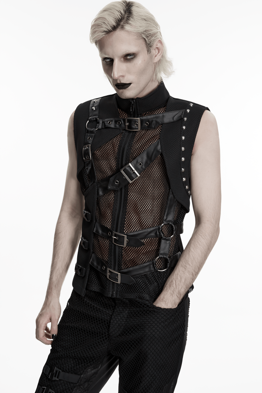 Men's Black Mesh Punk Vest with Buckle Straps