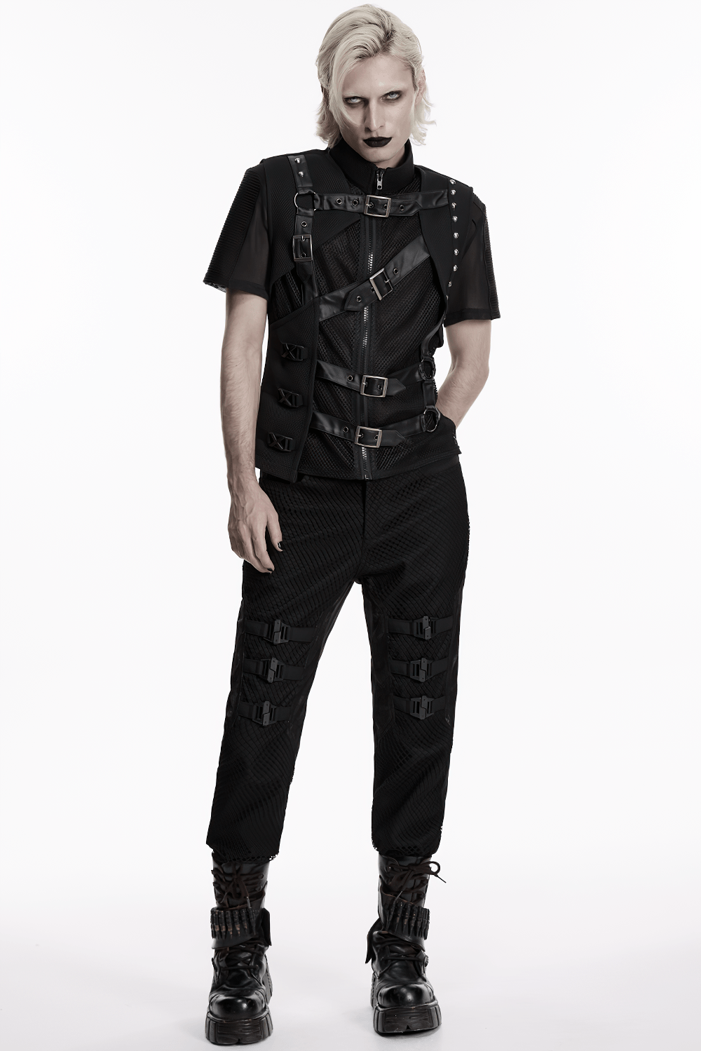 Men's Black Mesh Punk Vest with Buckle Straps