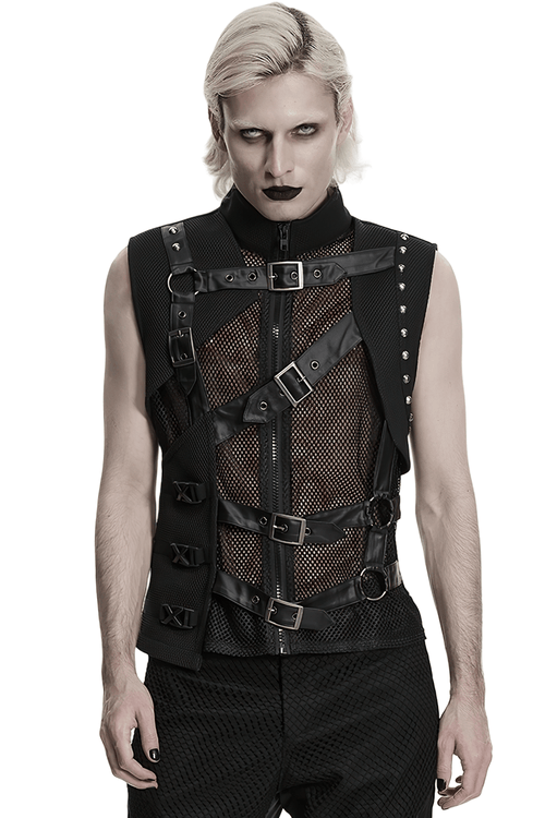 Men's Black Mesh Punk Vest with Buckle Straps