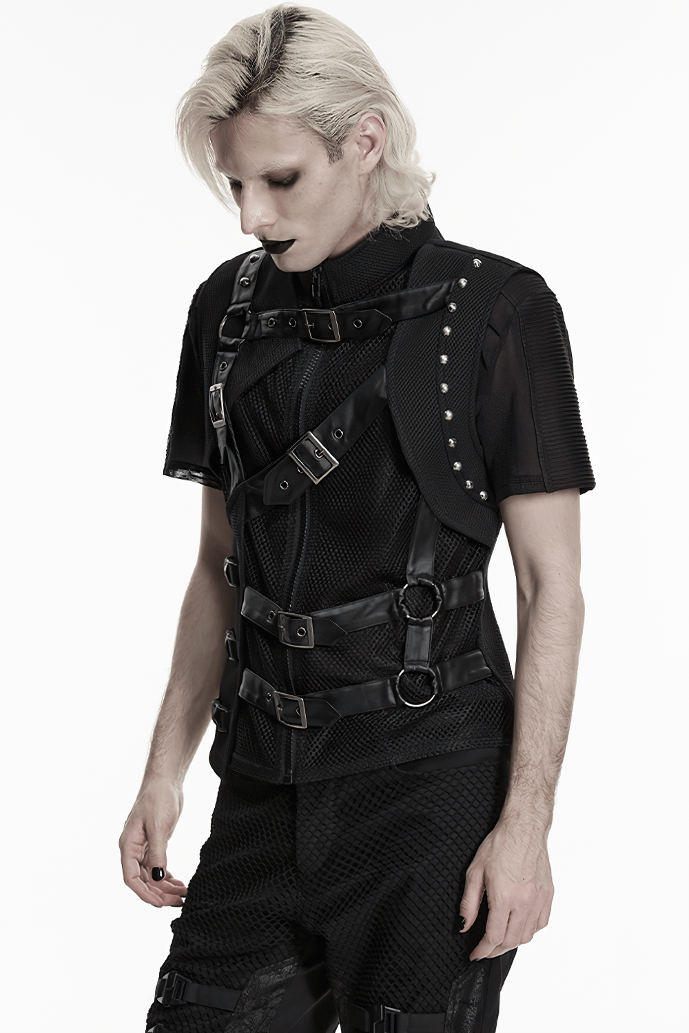 Men's Black Mesh Punk Vest with Buckle Straps